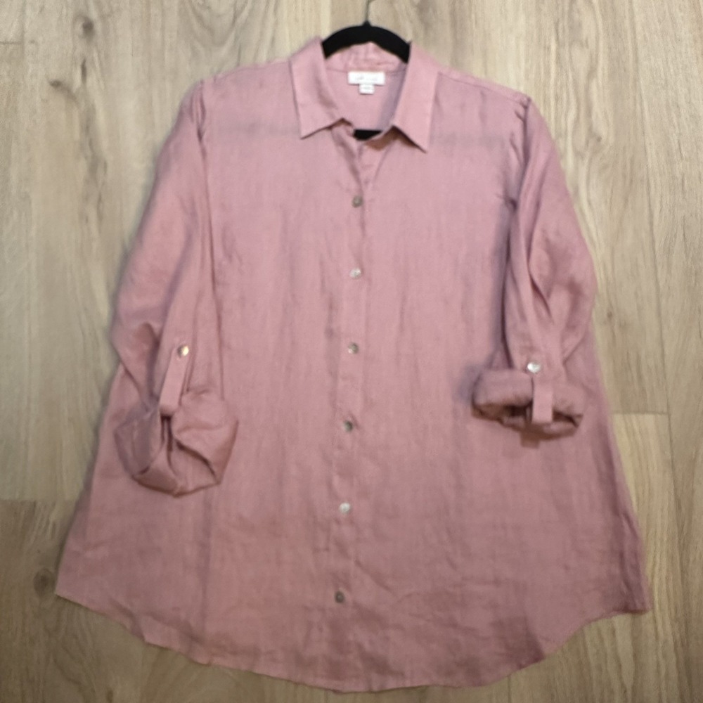 J Jill Love Linen‎ Top Blouse 3/4 Sleeve Pink Women's S Lagenlook Beach EUC Boho